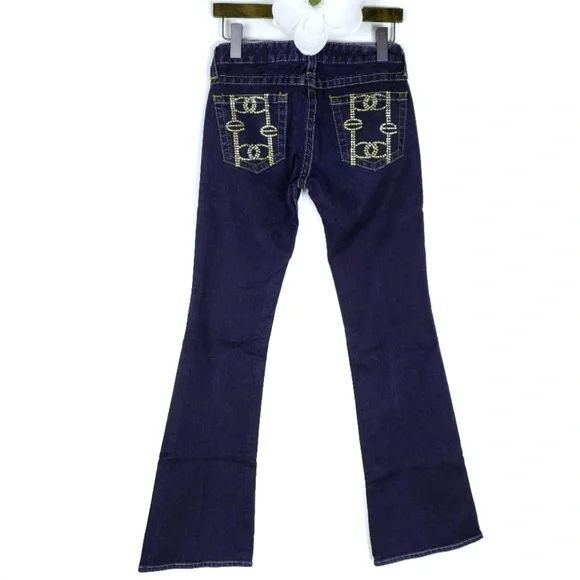 Bebe Kayla Gold Rhinestone Embellished Deep Wash Flare Stretchy Jeans Size: 26P - Picture 3 of 9